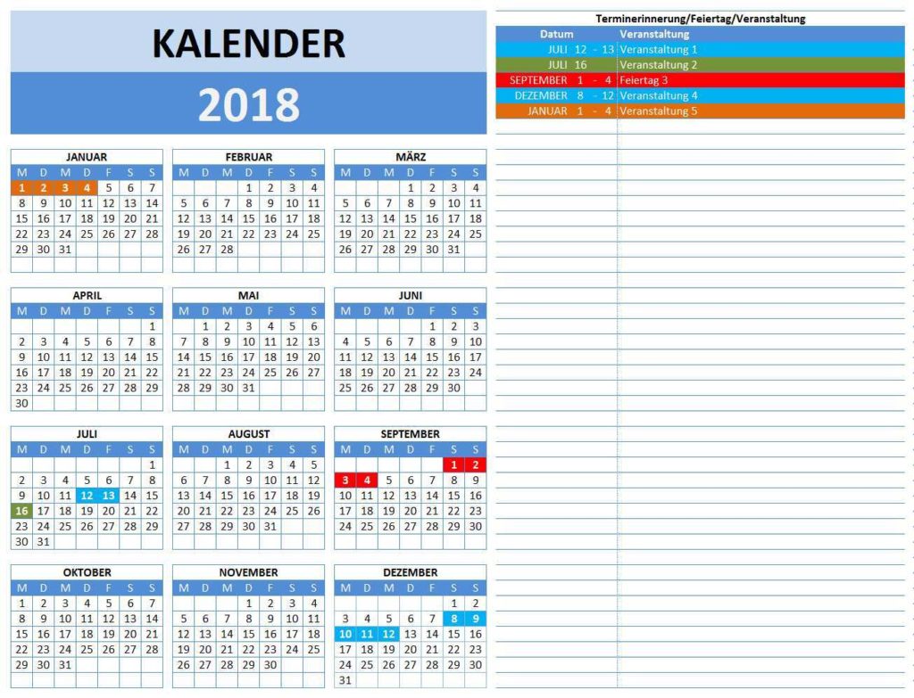 Kalender 2018 Vorlage